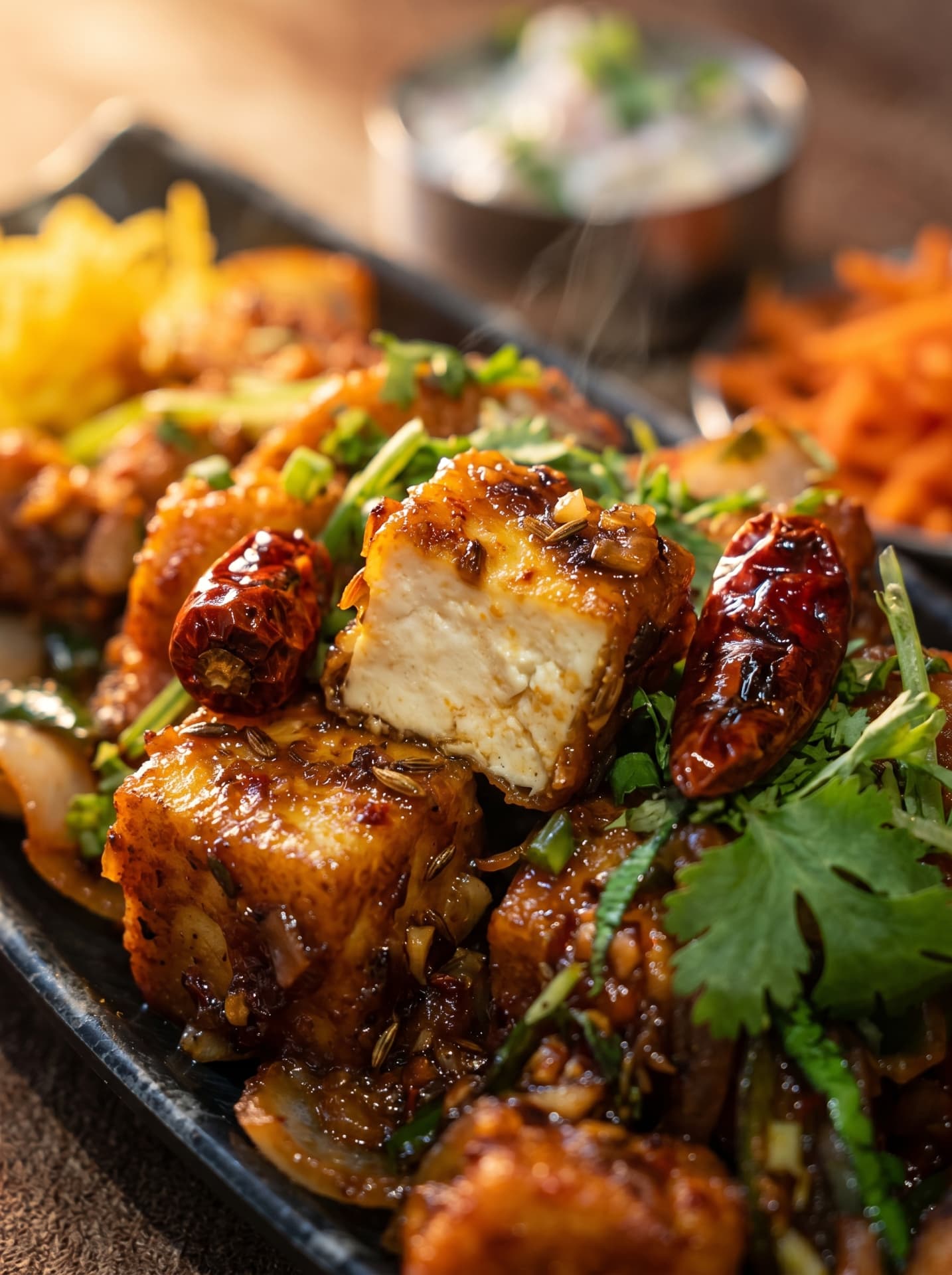 Close-up chilli paneer food photography